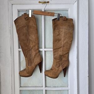 Report Tan Suede Knee High Heeled Boots Size 7.5